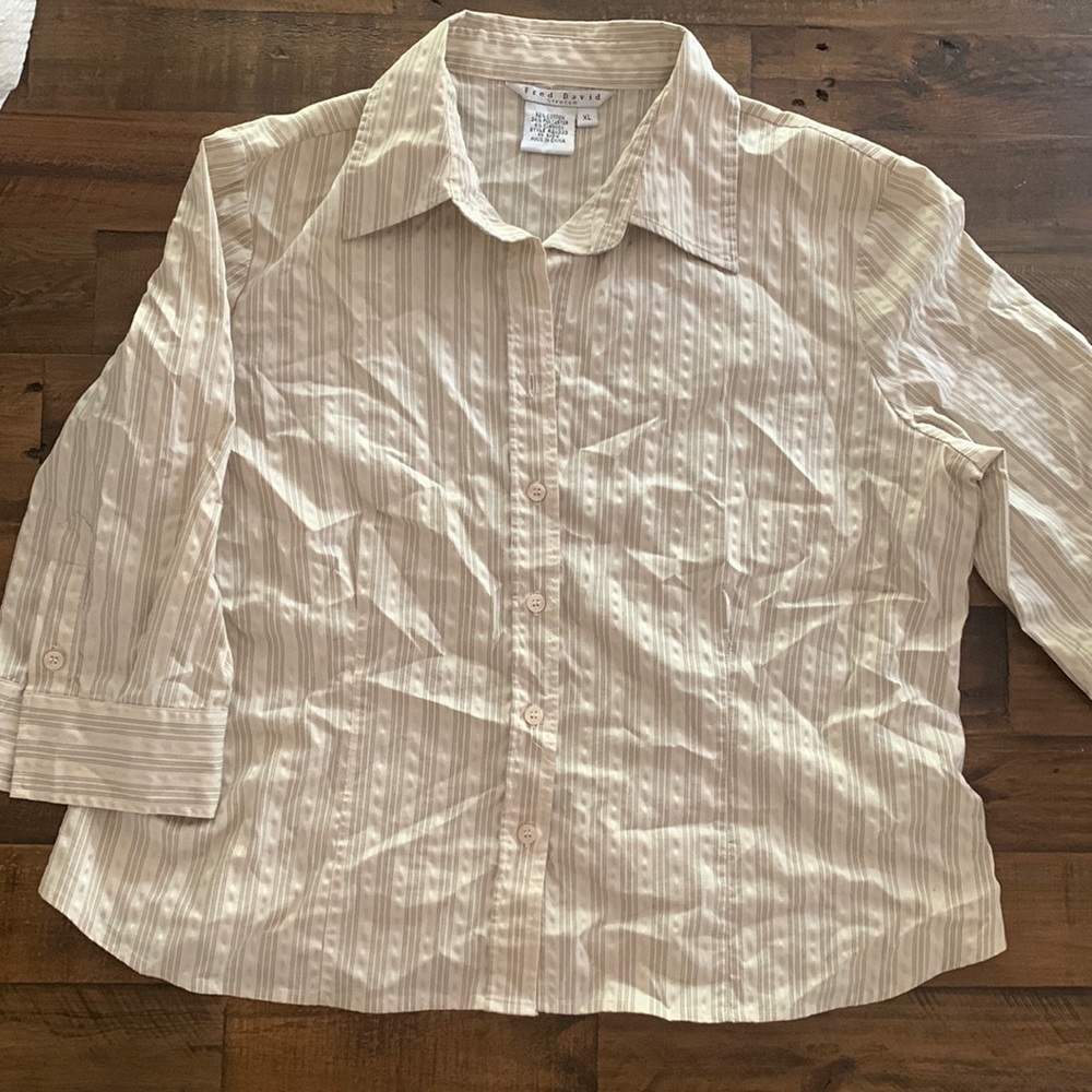 Fred David. Mid sleeve, cream striped button up.